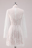 White Lace High Neck Corset Short Cocktail Dress with Long Sleeves