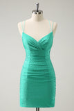 Green Spaghetti Straps Backless Tight Cocktail Dress with Beading