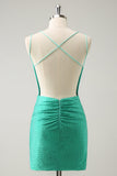 Green Spaghetti Straps Backless Tight Cocktail Dress with Beading