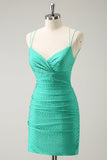 Green Spaghetti Straps Backless Tight Cocktail Dress with Beading