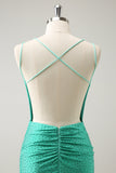 Green Spaghetti Straps Backless Tight Cocktail Dress with Beading