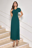 Dark Green V-Neck Midi Cocktail Party Dress with Short Sleeves