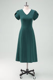 Dark Green V-Neck Cocktail Dress with Short Sleeves