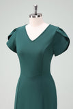 Dark Green V-Neck Cocktail Dress with Short Sleeves