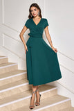 Dark Green A-Line Short Sleeves Mother of Bride Dress with Belt