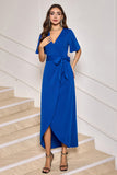 Royal Blue V-Neck Long Formal Dress with Short Sleeves