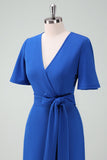 Royal Blue V-Neck Long Mother of Bride Dress with Short Sleeves