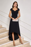 Black V Neck High-Low Cocktail Dress with Cap Sleeves