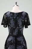 Black Lace A-Line Short Sleeves Midi Choir Dress