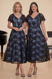 Black Lace A-Line Short Sleeves Midi Choir Dress
