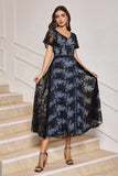 Black A-Line V-Neck Lace Tea-Length Dress with Short Sleeves