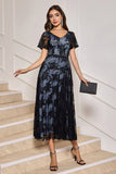 Black A-Line V-Neck Lace Tea-Length Dress with Short Sleeves