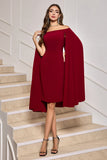 Burgundy Bodycon Off the Shoulder Midi Cocktail Dress With Cape Sleeves