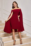 Burgundy Bodycon Off the Shoulder Midi Cocktail Dress With Cape Sleeves