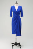 Royal Blue V-Neck Pleated Bodycon Cocktail Party Dress