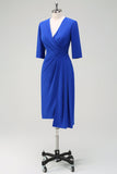 Royal Blue V-Neck Pleated Bodycon Cocktail Party Dress