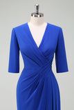 Royal Blue V-Neck Pleated Bodycon Cocktail Party Dress