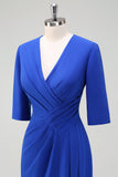 Royal Blue V-Neck Pleated Bodycon Cocktail Party Dress