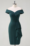 Dark Green Off the Shoulder Ruffled Bodycon Cocktail Party Dress