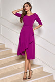 Grape Purple Asymmetrical Midi Cocktail Dress with Half Sleeves