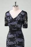 Black V-Neck Lace Sheath Midi Mother of Bride Dress with Short Sleeves