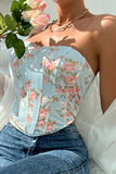 Pink Flower Printed Strapless Corset Top