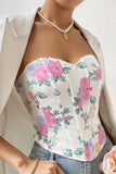 Pink Flower Printed Strapless Corset Top