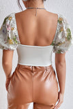 White Printed Corset Top with Puff Sleeves