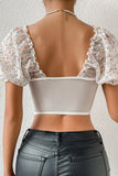 White Lace Printed Corset Top with Puff Sleeves