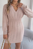 Burgundy V Neck Collared Long Sleeve Knit Sweater Dress