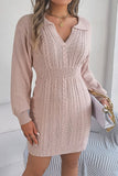 Burgundy V Neck Collared Long Sleeve Knit Sweater Dress