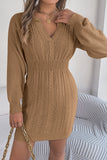 Burgundy V Neck Collared Long Sleeve Knit Sweater Dress