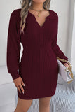 Burgundy V Neck Collared Long Sleeve Knit Sweater Dress