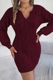 Burgundy V Neck Collared Long Sleeve Knit Sweater Dress