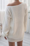 White Off The Shoulder Knitting Long Sleeve Sweater