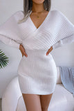 White Bodycon V Neck Ribbed Knitted Sweater