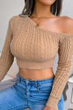 Brown One Shoulder Cropped Long Sleeves Knitted Sweater