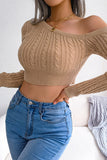 Brown One Shoulder Cropped Long Sleeves Knitted Sweater