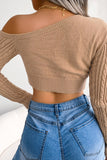 Brown One Shoulder Cropped Long Sleeves Knitted Sweater