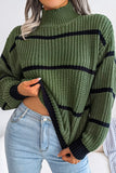 Army Green High Neck  Knit Stripes Long Sleeves Sweater