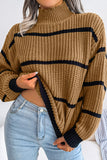 Army Green High Neck  Knit Stripes Long Sleeves Sweater