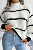 Army Green High Neck  Knit Stripes Long Sleeves Sweater