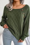 Army Green Knit Long Sleeves Scoop Sweater with Buttons