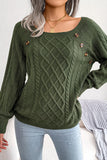 Army Green Knit Long Sleeves Scoop Sweater with Buttons