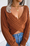 Brown Cross Wrap Knit Long Sleeves Sweater