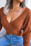 Brown Cross Wrap Knit Long Sleeves Sweater