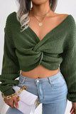 Army Green Long Sleeves Twsit Knot Cropped Knit Sweater Top