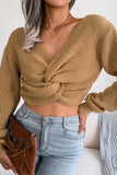 Army Green Long Sleeves Twsit Knot Cropped Knit Sweater Top