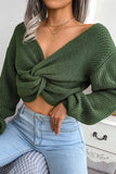 Army Green Long Sleeves Twsit Knot Cropped Knit Sweater Top