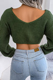 Army Green Long Sleeves Twsit Knot Cropped Knit Sweater Top